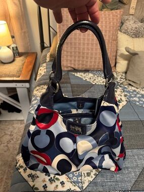 Coach Multicolor Circle-Print Shoulder Bag in Navy, Red & Light Blue authentic